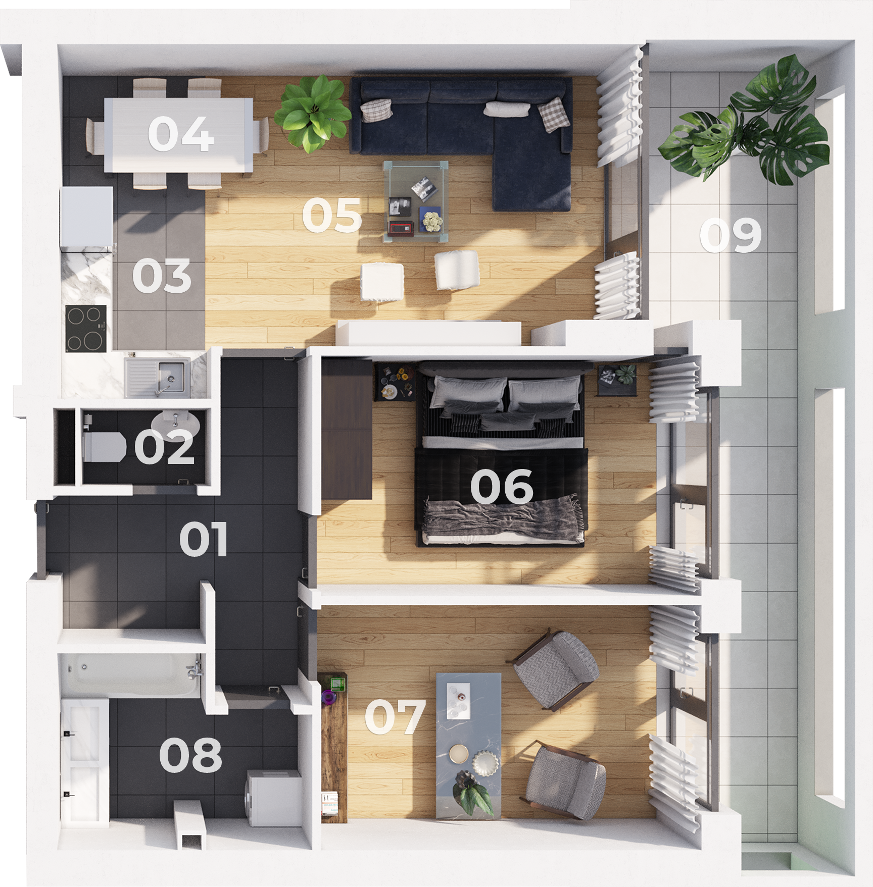 A Róna residence 2-es lakásának alaprajza.